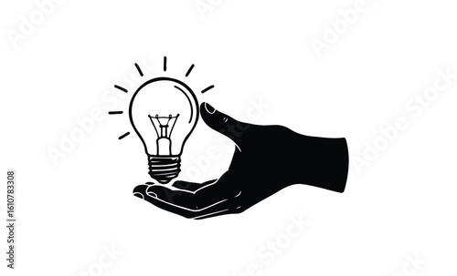 Silhouette hand holding light bulb symbolizing creativity and innovation. Vector retro hand drawn illustration