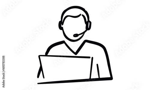 Black and white illustration of customer service operator with headset. Vector retro hand drawn illustration