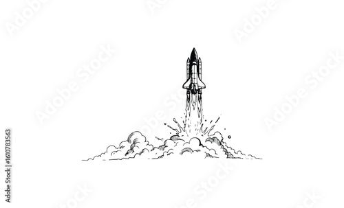Black and white rocket launch illustration with billowing smoke. Vector retro hand drawn illustration