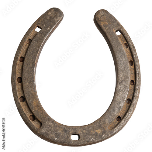 A single old weathered and rusty metal horseshoe, a symbol of good luck and fortune, isolated on a white background.