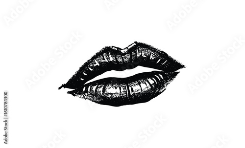 Black and white artistic lips sketch with textured details. Vector retro hand drawn illustration