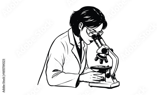 Asian female scientist observing specimen through microscope in laboratory. Vector retro hand drawn illustration