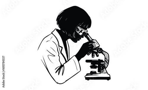 Asian female scientist examining sample with microscope in laboratory drawing. Vector retro hand drawn illustration