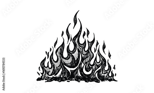 Intricate black flames ink drawing highlighting artistic detail. Vector retro hand drawn illustration