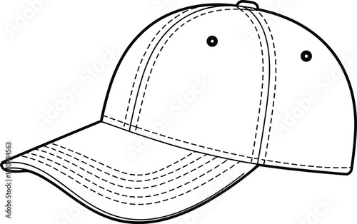 Baseball cap vector, flat design illustration, hat outline drawing, adjustable headwear accessory, curved brim style, stitching detail lines, casual fashion, technical CAD 