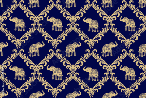 Elegant Golden Flora with elephant damask seamless pattern 