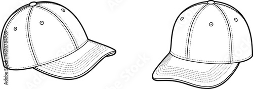 Baseball cap vector, flat fashion illustration, hat outline drawing, adjustable headwear design, front and side view, stitching details, casual accessory, technical CAD template, flat vector mockup