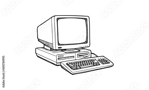 Vintage desktop computer illustration with keyboard and monitor. Vector retro hand drawn illustration
