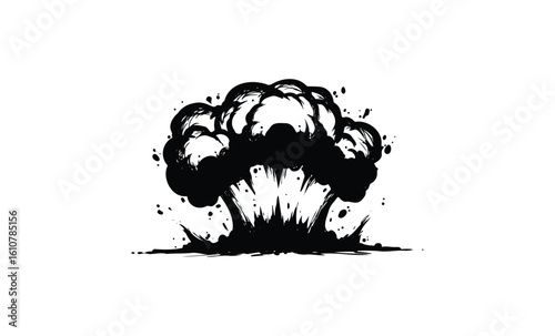 Black ink explosion illustrating dynamic movement and energy. Vector retro hand drawn illustration