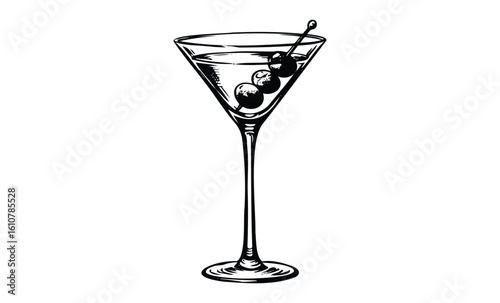 Classic martini glass with three olives and simple line art design. Vector retro hand drawn illustration