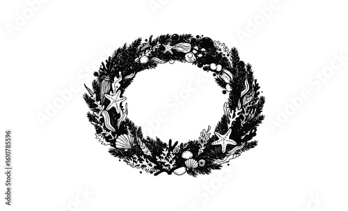 Black and white ocean-themed wreath with seashells and starfish in intricate design. Vector retro hand drawn illustration