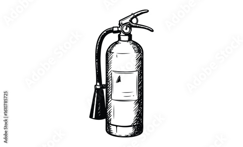 Hand-drawn fire extinguisher sketch in black and white. Vector retro hand drawn illustration