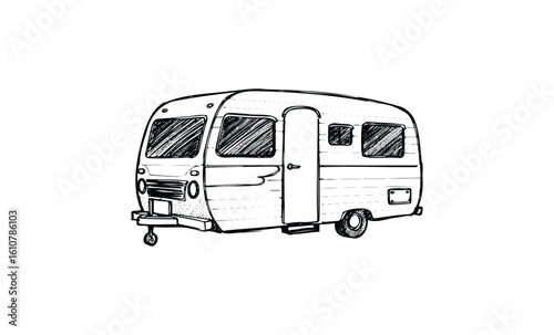 Hand-drawn vintage caravan sketch: retro travel trailer art with detailed design. Vector retro hand drawn illustration