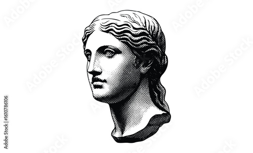 Engraved black and white classical greek bust of woman with serene expression. Vector retro hand drawn illustration