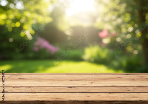 Serene outdoor setting with a prominent wooden surface and a beautifully blurred green and floral backdrop.

