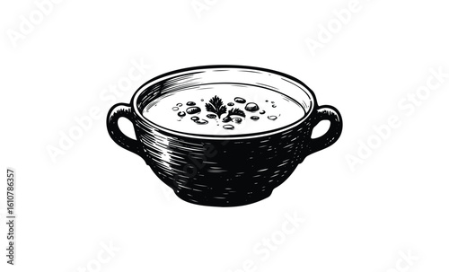 Rustic black and white soup bowl with handles and herb garnish. Vector retro hand drawn illustration