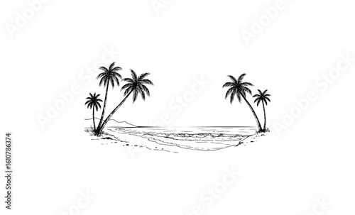 Tranquil beach scene with palm trees and waves at sunset. Vector retro hand drawn illustration