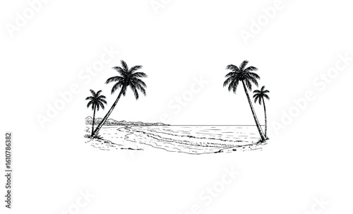 Palm-lined tropical beach scene with ocean waves and distant shoreline. Vector retro hand drawn illustration