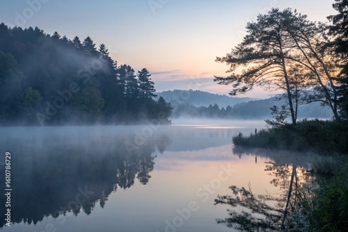 Fototapeta Naklejka Na Ścianę i Meble -  Tranquil morning view of a misty lake reflecting the dawn sky and silhouetted pine forest.
