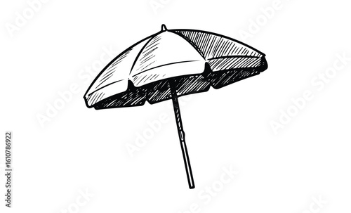 Sketch of a beach umbrella with stripes in black and white. Vector retro hand drawn illustration