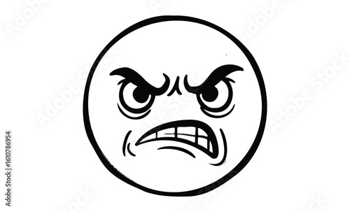 Angry emoji face: expressive black and white cartoon illustration. Vector retro hand drawn illustration