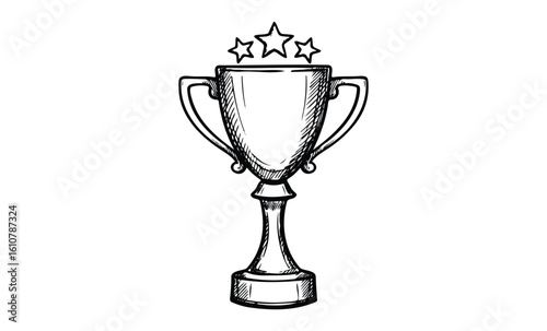 Hand-drawn trophy cup with stars engraving in black and white sketch style. Vector retro hand drawn illustration