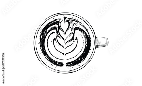 Detailed latte art in monochrome mug design with heart and leaf patterns. Vector retro hand drawn illustration