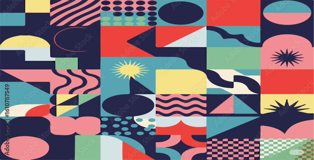 Fototapeta premium A vibrant geometric collage featuring diverse shapes and bold color palette arrangement art