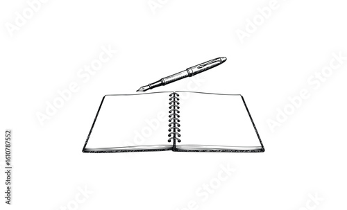 Open spiral notebook and pen sketch. Vector retro hand drawn illustration