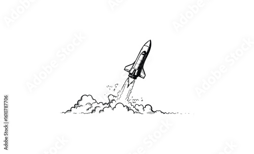 Black and white rocket launch illustration with clouds and smoke trail. Vector retro hand drawn illustration