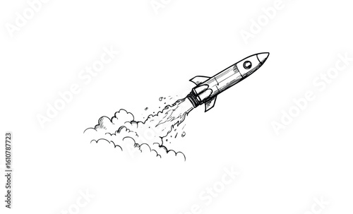 Hand-drawn rocket launch with smoke trail in black and white. Vector retro hand drawn illustration