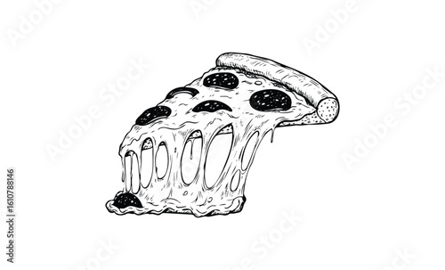 Cheesy pepperoni pizza slice illustration with melting cheese. Vector retro hand drawn illustration