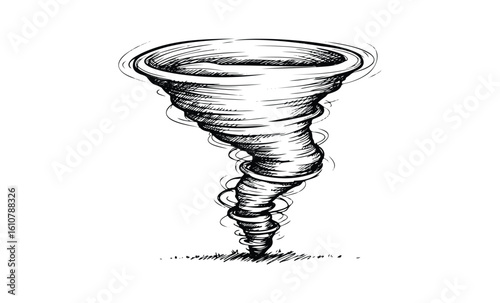 Hand-drawn tornado illustration with spiraling vortex detail. Vector retro hand drawn illustration