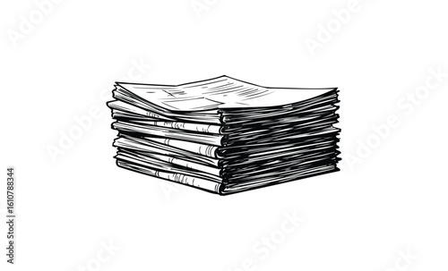 Stack of newspapers in black and white line art illustration. Vector retro hand drawn illustration