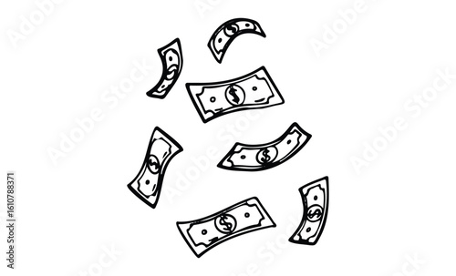 Hand-drawn black and white falling dollar bills. Vector retro hand drawn illustration