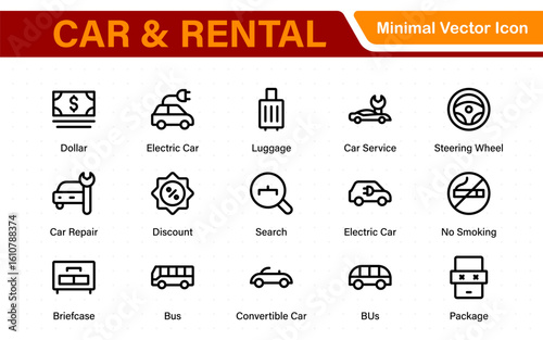 Car and rental icons in modern thin line style. Covers vehicle hire, transport services, road trips, navigation, fuel, maintenance, and car-related logistics.