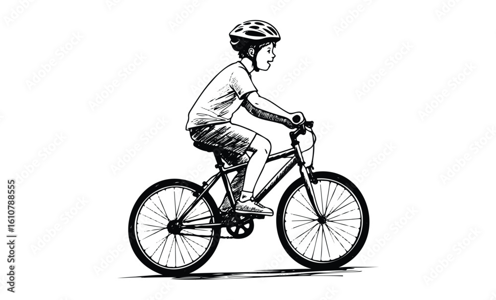 Obraz premium Young caucasian male child riding bicycle with helmet in black and white sketch. Vector retro hand drawn illustration