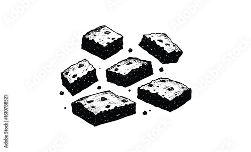 Six hand-drawn chocolate brownies with crumbs. Vector retro hand drawn illustration