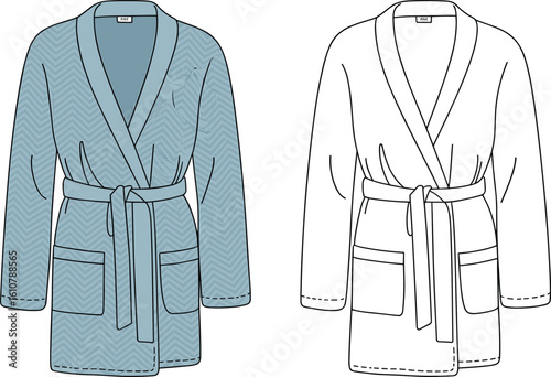 Bathrobe with belt and pocket fashion sketch, collar detail layout, cad drawing flat vector illustration, garment template, cozy robe designBathrobe with belt