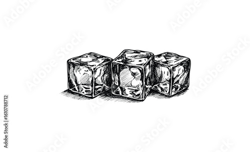 Sketch of three ice cubes. Vector retro hand drawn illustration