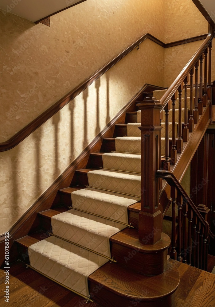 Obraz premium spiral staircase in the old house, Elegant wooden staircase featuring plush carpet runner with subtle grey pattern. Interior design element combines classic style with modern comfort, safety. Rich woo