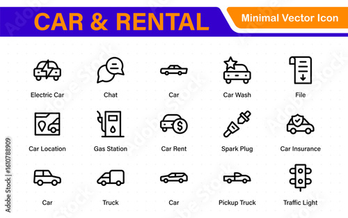 Car and rental icons in modern thin line style. Covers vehicle hire, transport services, road trips, navigation, fuel, maintenance, and car-related logistics.