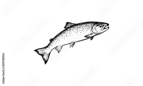 Vintage black and white salmon sketch isolated. Vector retro hand drawn illustration