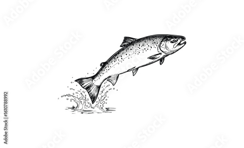 Artistic jumping salmon sketch with splashing water. Vector retro hand drawn illustration