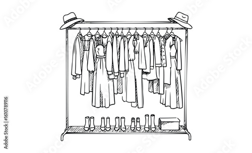 Sketch of fashionable clothing rack with dresses and hats. Vector retro hand drawn illustration