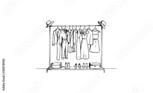 Minimalist wardrobe: hanging clothes and accessories with line art design. Vector retro hand drawn illustration