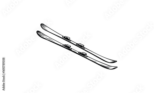 Vintage illustration of ski equipment featuring classic crossed skis. Vector retro hand drawn illustration
