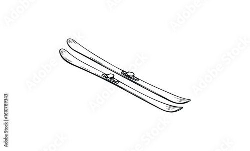 Illustration of vintage skis with bindings. Vector retro hand drawn illustration