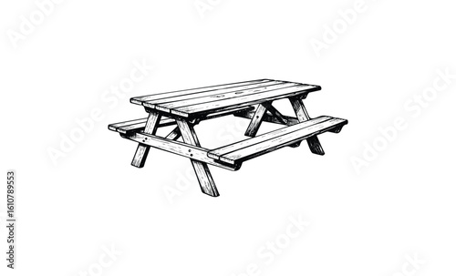 Black and white wooden picnic table illustration. Vector retro hand drawn illustration