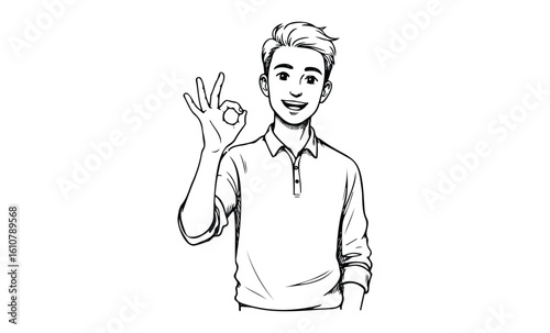 Smiling young asian male showing ok gesture in casual attire. Vector retro hand drawn illustration